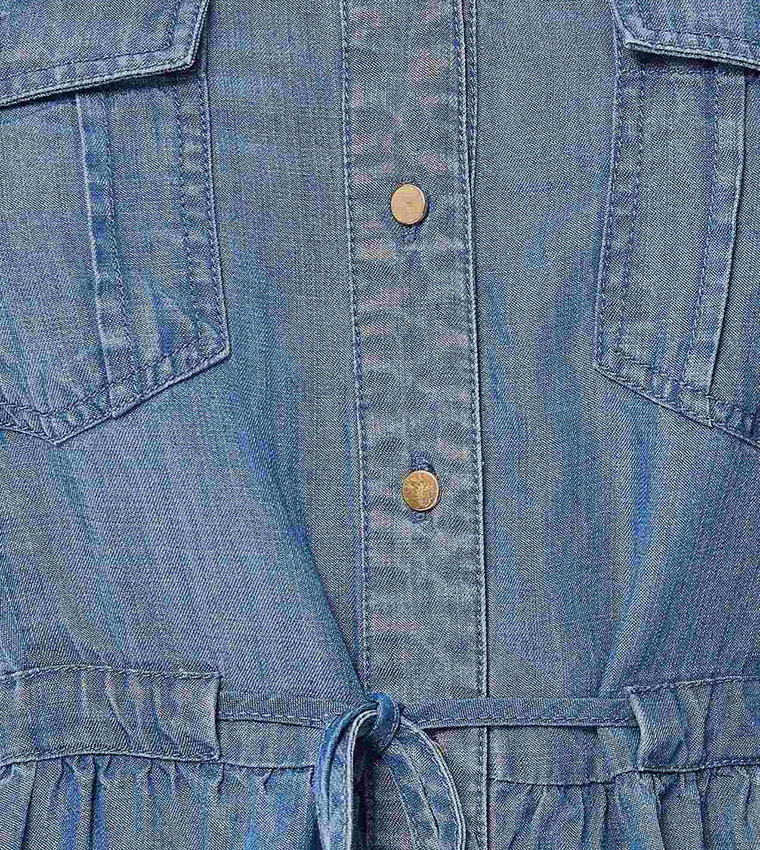 Denim Shirt Dress with Stand Collar and Short Sleeves