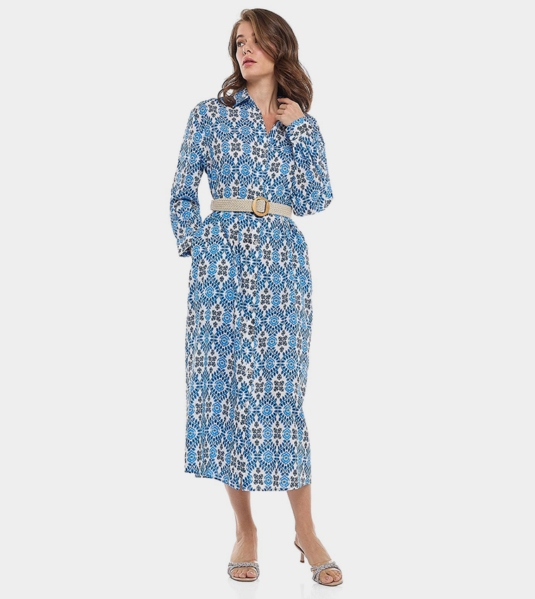 Patterned Shirt Dress with Classic Collar and Long Sleeves