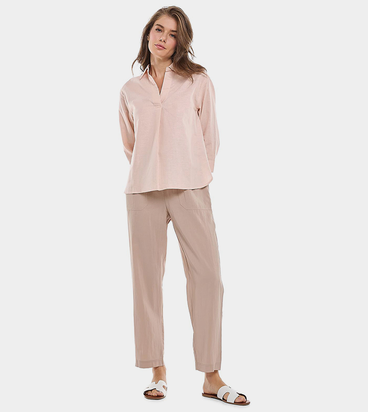 Solid Collared Top with 3/4 Sleeves