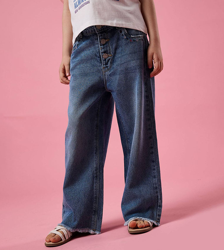 Faded Wide Leg Jeans with Button Closure