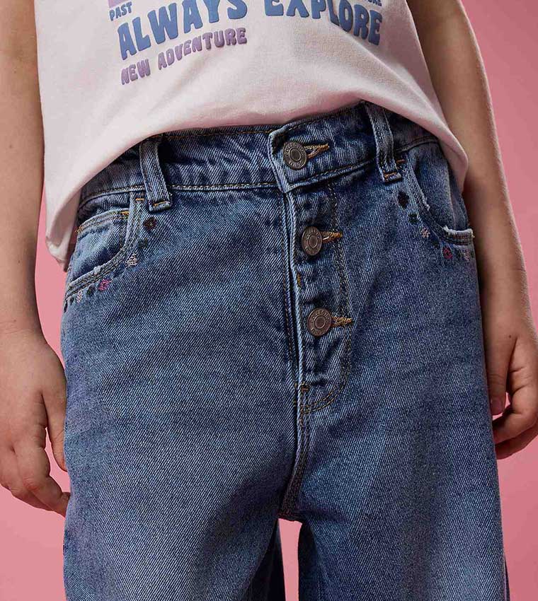 Faded Wide Leg Jeans with Button Closure