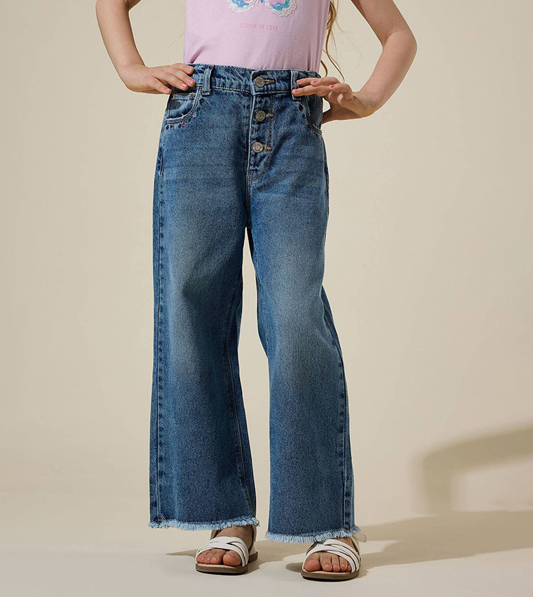 Faded Wide Leg Jeans with Button Closure