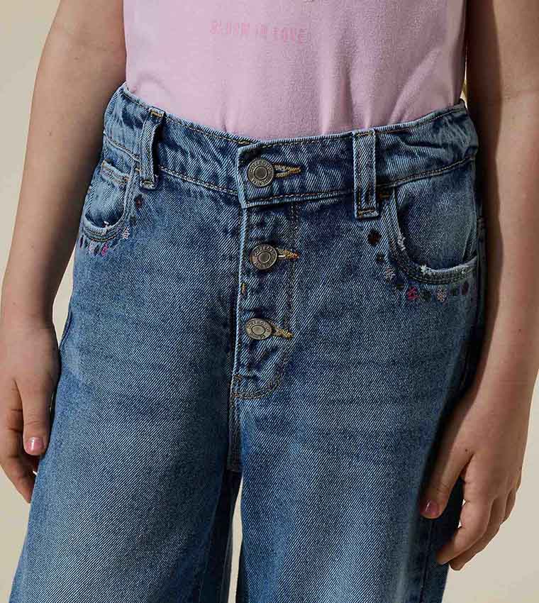 Faded Wide Leg Jeans with Button Closure