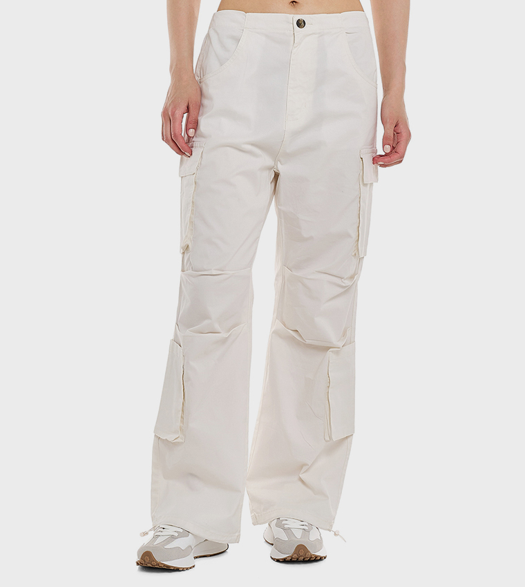 Solid Cargo Parachute Pants with Button Closure