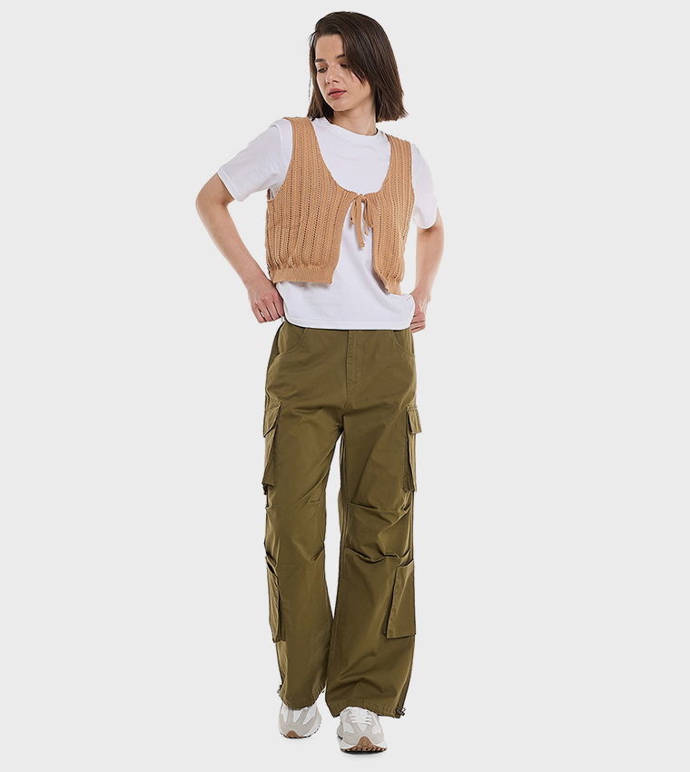 Solid Cargo Parachute Pants with Button Closure