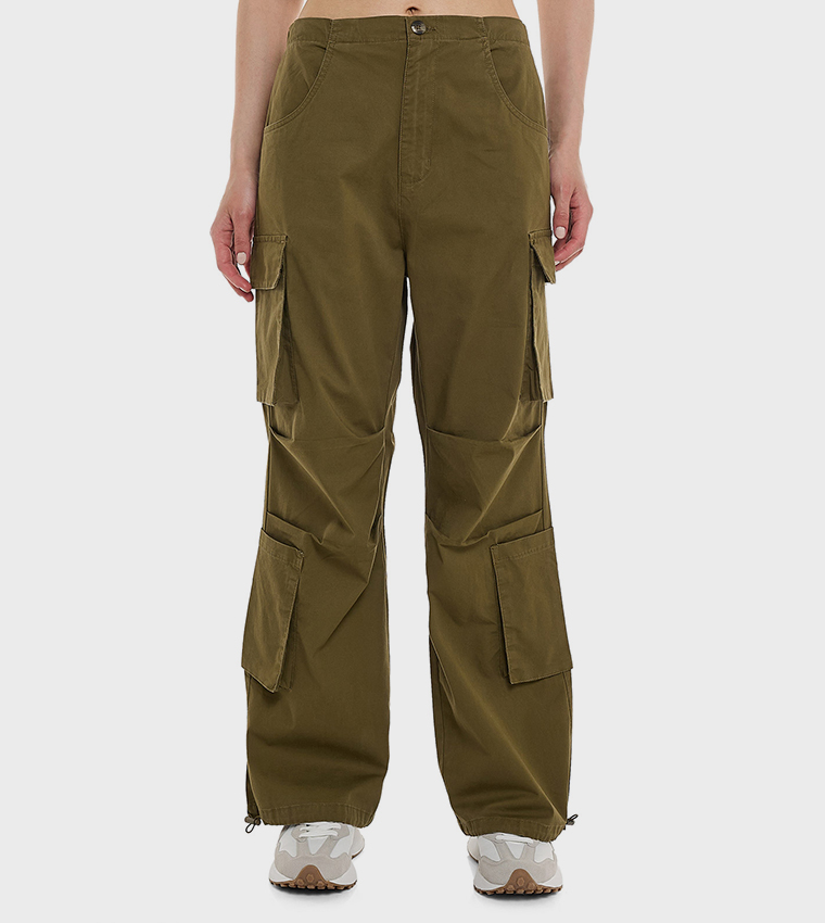 Solid Cargo Parachute Pants with Button Closure