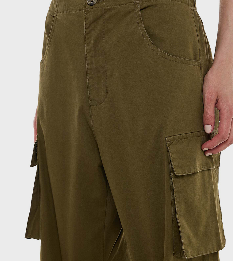 Solid Cargo Parachute Pants with Button Closure