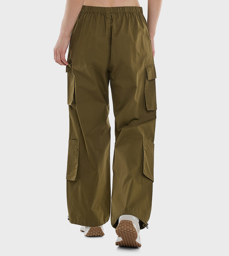 Solid Cargo Parachute Pants with Button Closure