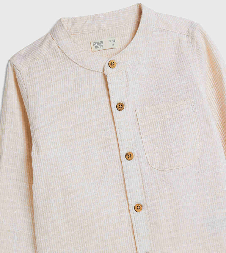 Ribbed Shirt with Mandarin Collar and Long Sleeves
