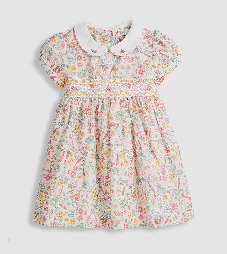 Printed Flared Dress with Baby Collar and Puff Sleeves