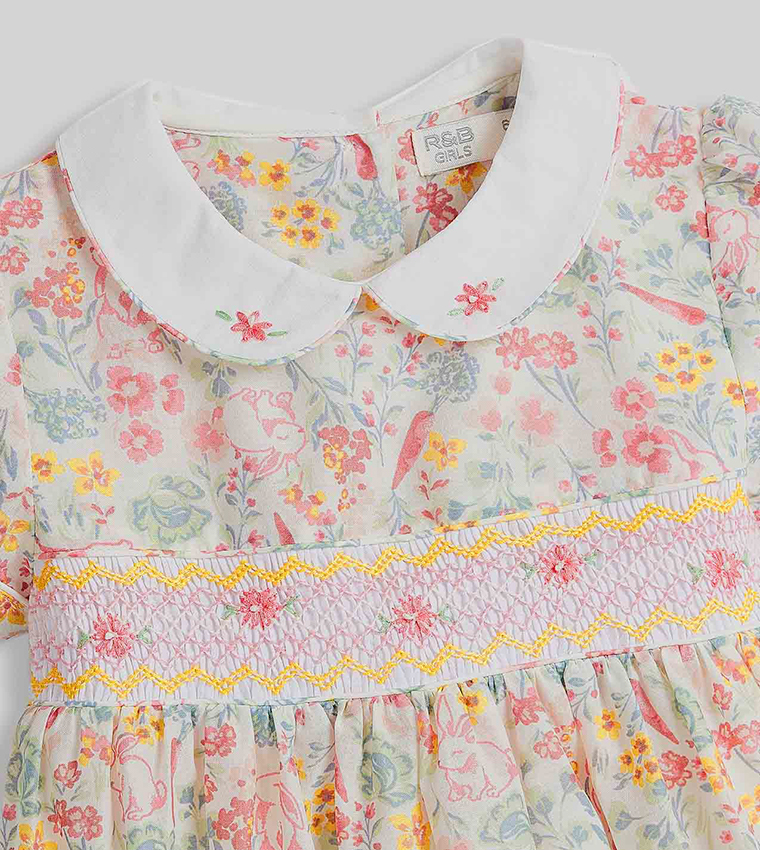 Printed Flared Dress with Baby Collar and Puff Sleeves