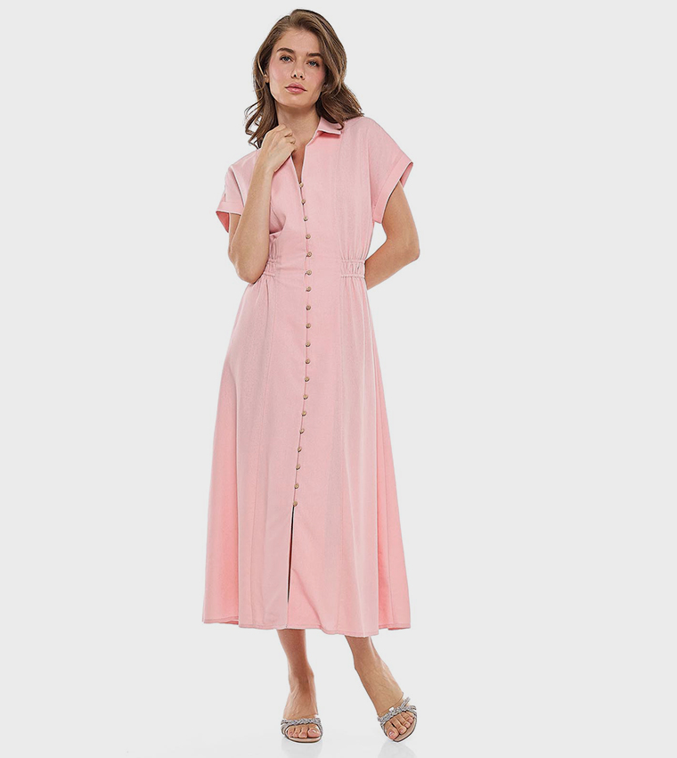 Ruched Side Classic Collar Short Sleeves Shirt Dress