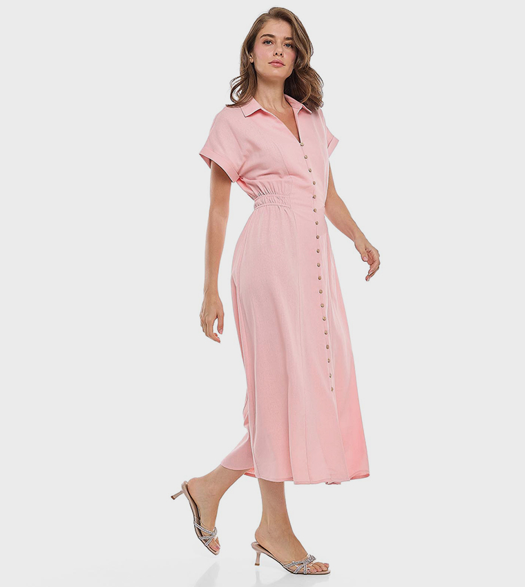 Ruched Side Classic Collar Short Sleeves Shirt Dress