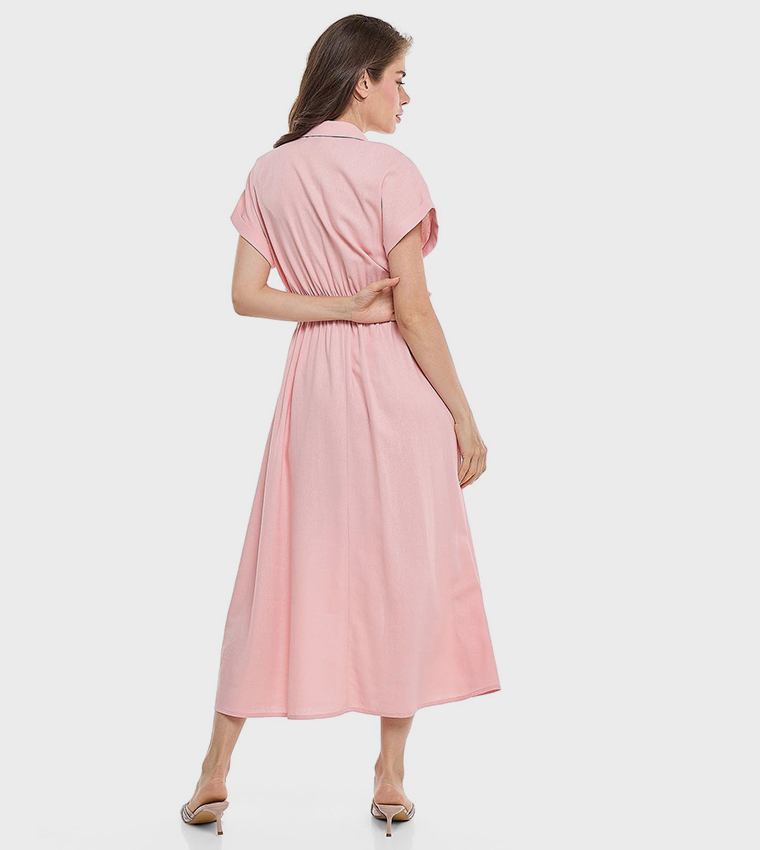 Ruched Side Classic Collar Short Sleeves Shirt Dress