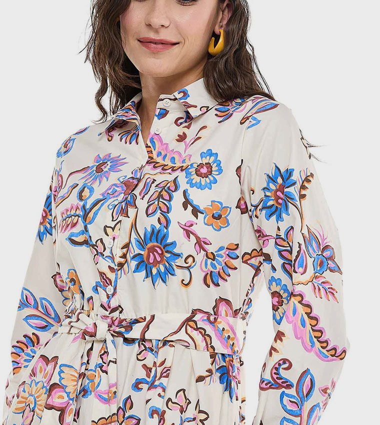 Printed Shirt Dress with Classic Collar and Short Sleeves