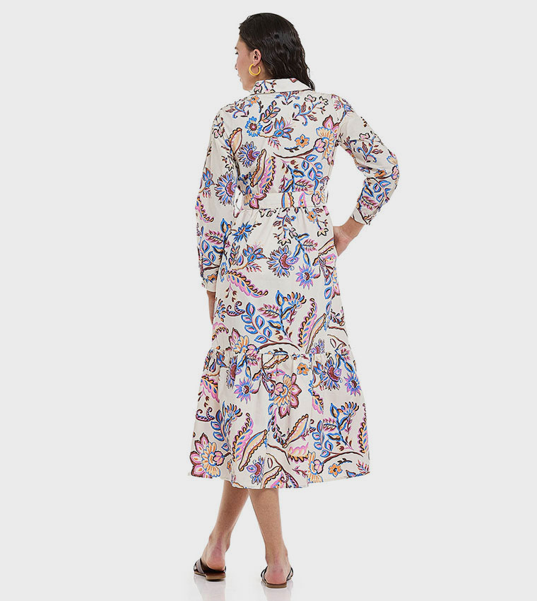 Printed Shirt Dress with Classic Collar and Short Sleeves