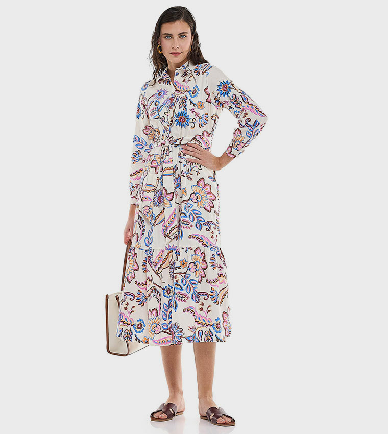 Printed Shirt Dress with Classic Collar and Short Sleeves