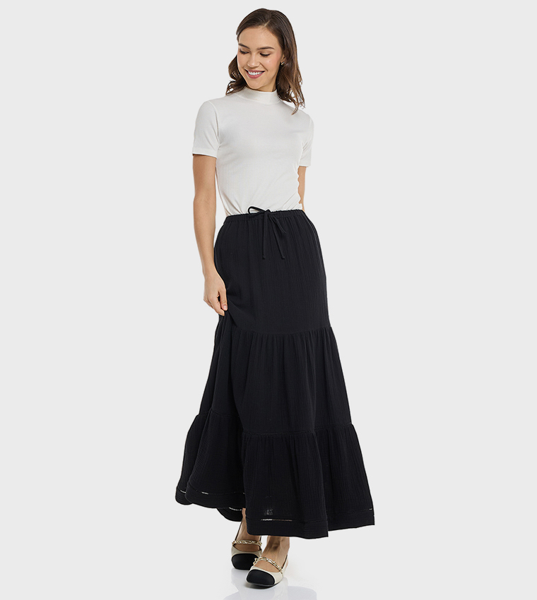 Solid Tiered Skirt with Drawstring Waist