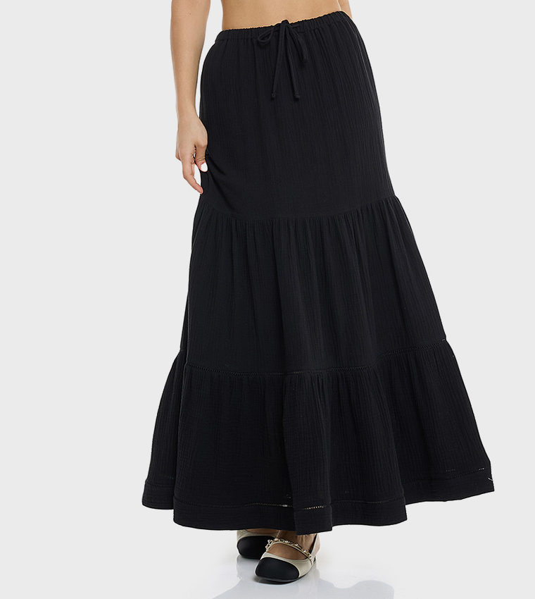 Solid Tiered Skirt with Drawstring Waist