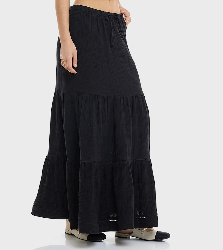 Solid Tiered Skirt with Drawstring Waist