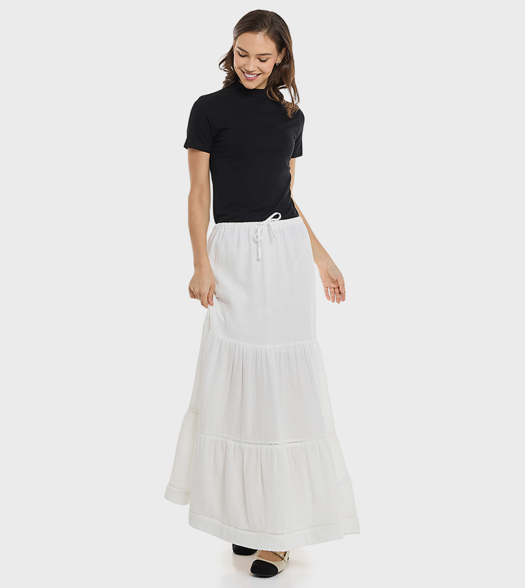 Solid Tiered Skirt with Drawstring Waist