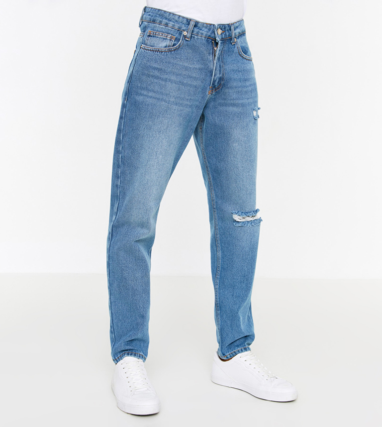Buy Trendyol Washed Straight Fit Ripped Jeans In Blue 6thStreet Qatar