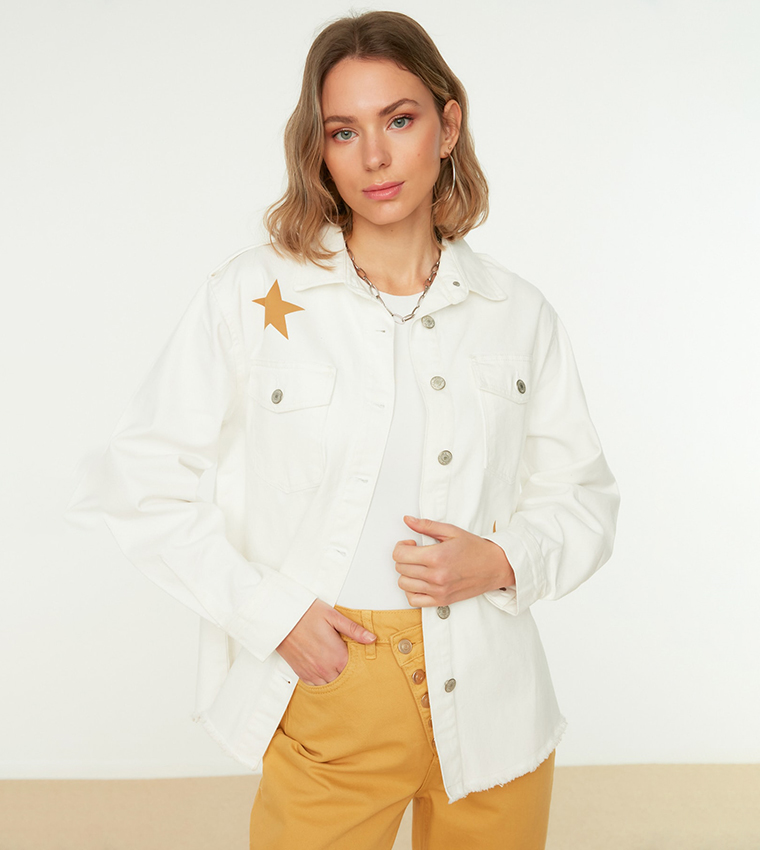 White denim jacket hotsell with gold buttons