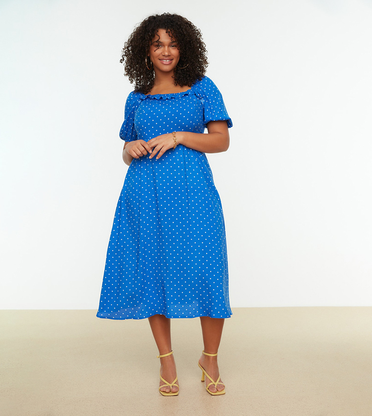 Plus size blue polka dot dress on sale