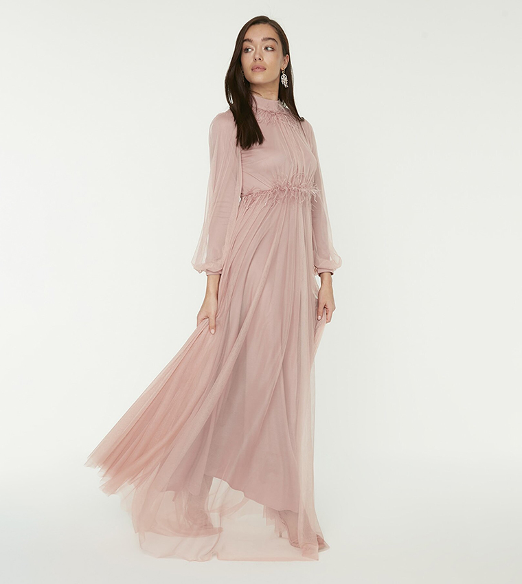 Buy Trendyol Embellished Neck Evening Maxi Dress In Pink