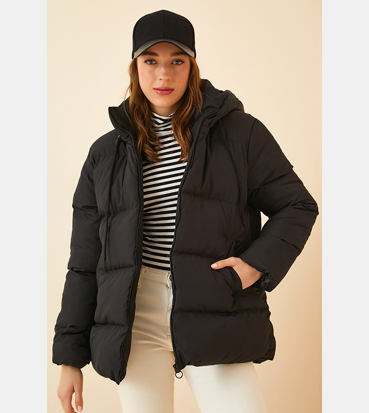 Quilted Toggle Detail Funnel Neck Puffer Jacket