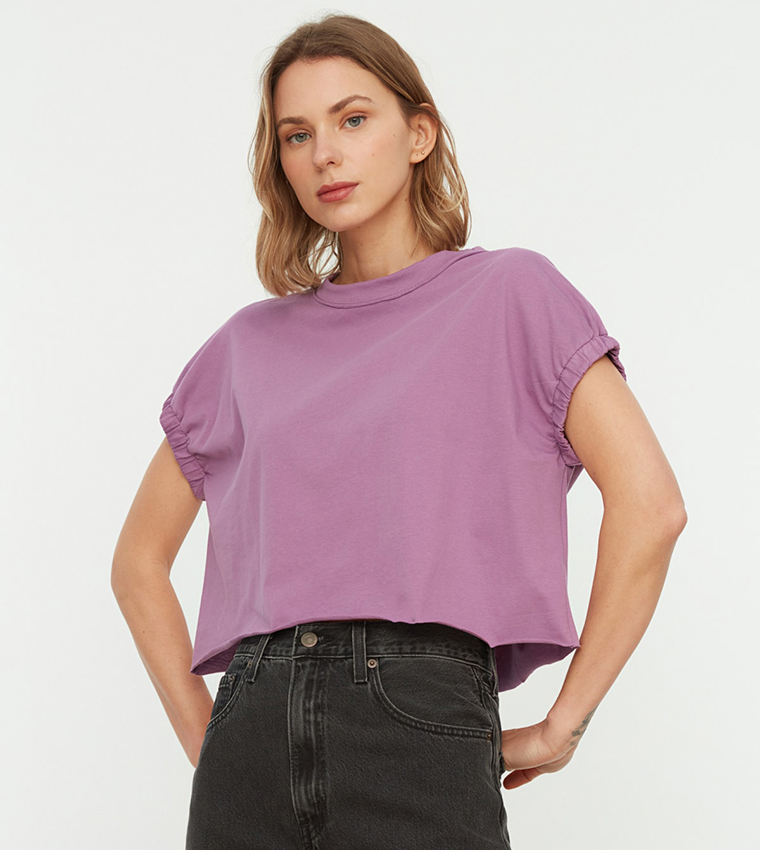 Buy Trendyol Mock Neck Crop T Shirt In Purple 6thStreet Saudi Arabia