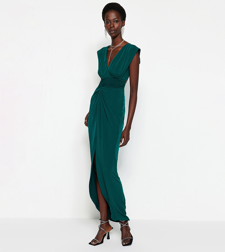 Buy Trendyol Solid Surplice Neck Asymmetric Dress In Emerald 6thStreet UAE