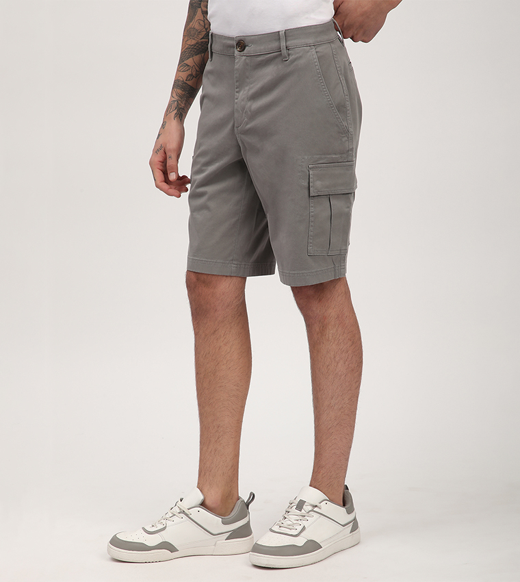 Solid Mid Rise Cargo Shorts