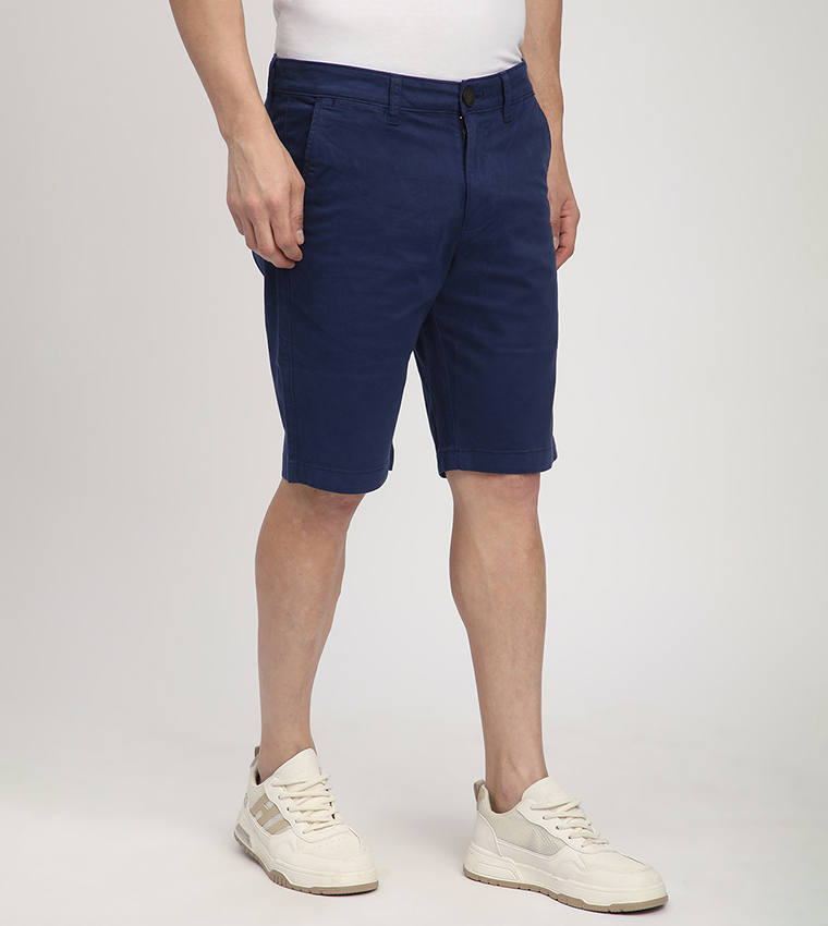 Solid Button Closure Woven Shorts