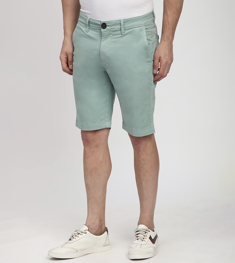 Solid Button Closure Woven Shorts