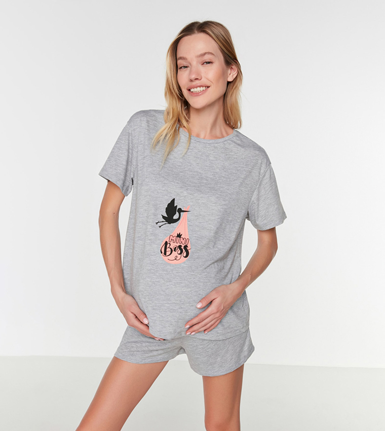 Buy Trendyol Knitted Maternity Night Suit In Grey | 6thStreet Qatar