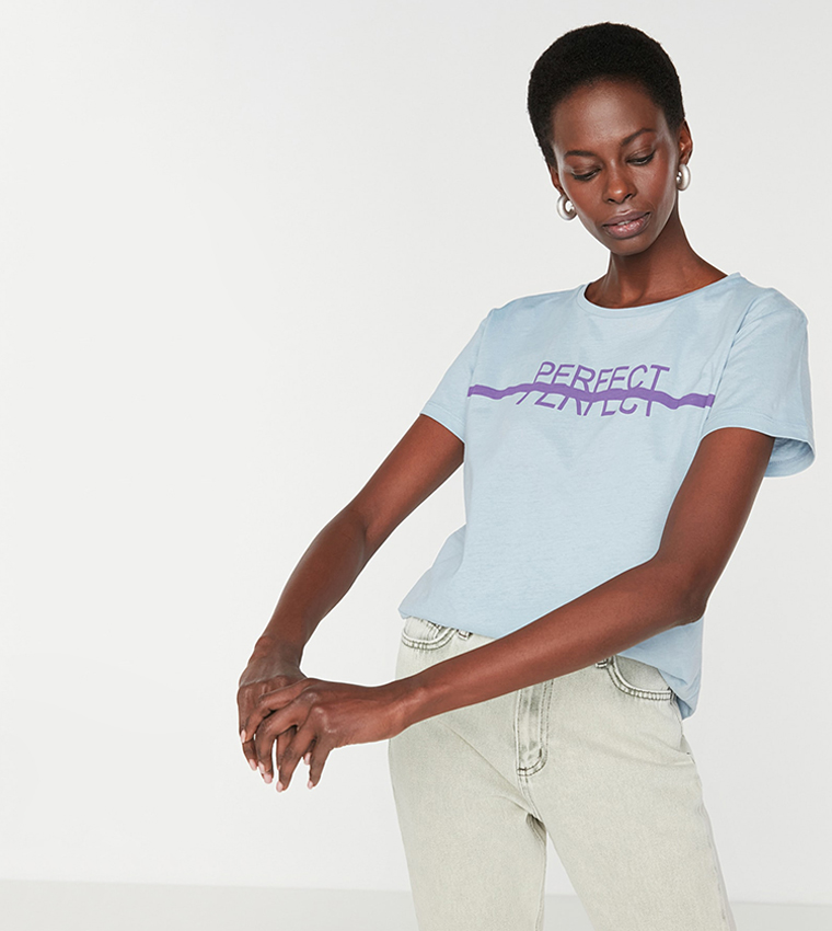 Trendyol Basic Printed T Shirt In Blue 