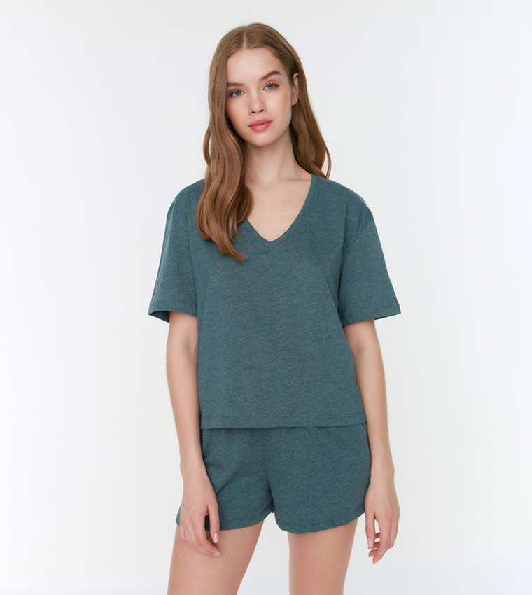 Buy Trendyol Pocket Knitted Night Suit In Green | 6thStreet Qatar