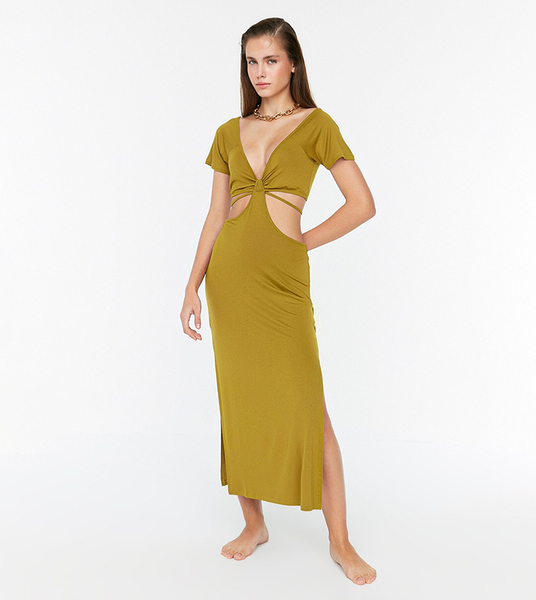 Buy Trendyol Cut Out Slit Midi Dress In Green | 6thStreet Qatar