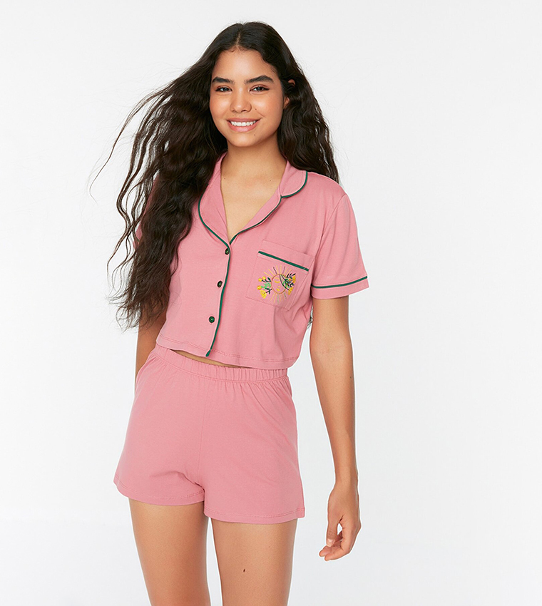 Buy Trendyol Embroidered Camp Collar Night Suit In Pink 6thStreet UAE