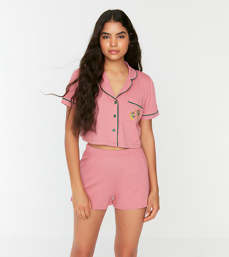 Buy Trendyol Embroidered Camp Collar Night Suit In Pink 6thStreet UAE