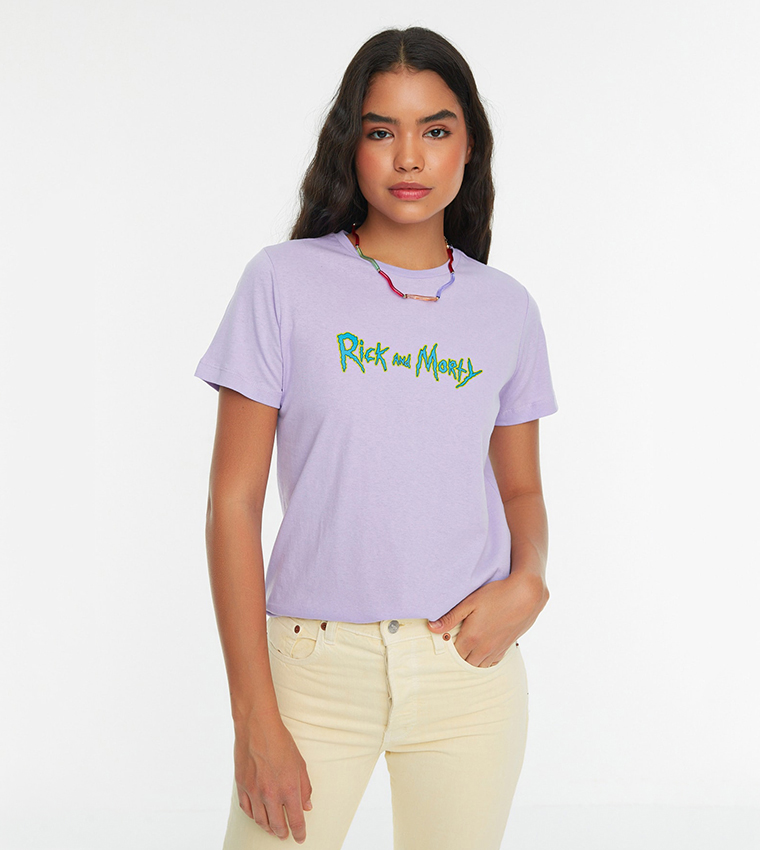 Buy Trendyol Printed Basic Knitted T Shirt In Purple