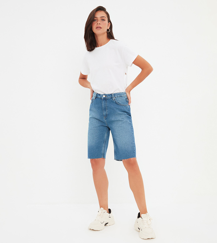 Buy Trendyol High Waist Denim Shorts In Blue | 6thStreet UAE