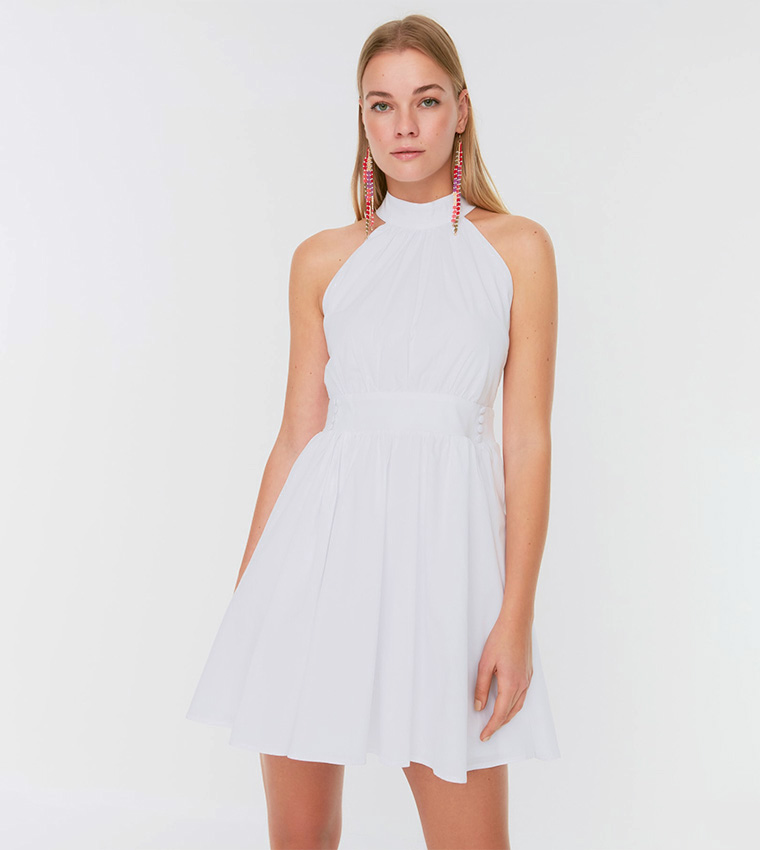 Buy Trendyol Halter Neck Flared Mini Dress In White | 6thStreet Qatar