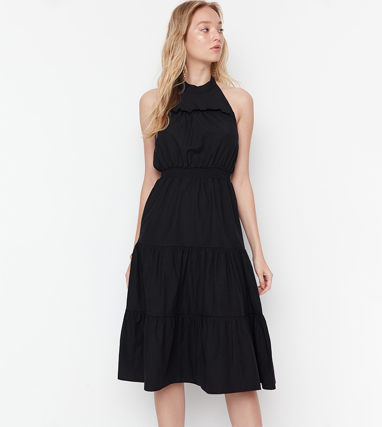 Black Halter Neck Tiered Dress For Women