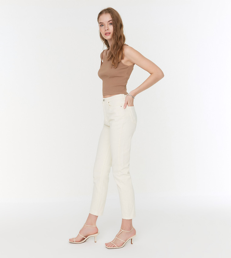 Buy Trendyol High Waist Mom Jeans In Beige 6thStreet Qatar