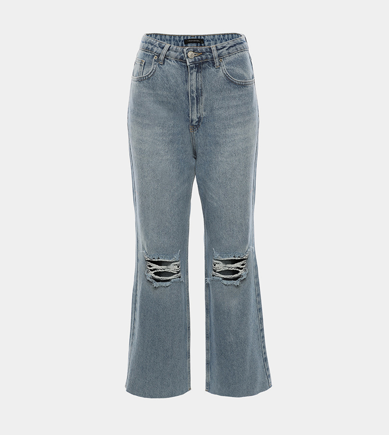 Buy Trendyol High Rise Ripped Wide Leg Jeans In Blue 6thStreet Qatar