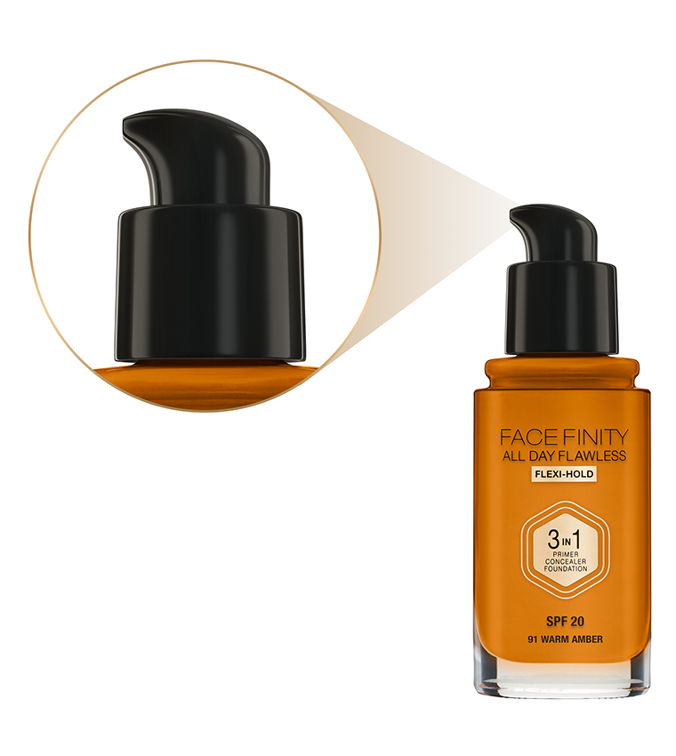 Facefinity All Day Flawless, Liquid Foundation, 3 In 1, 091 Warm Amber, 30 ml