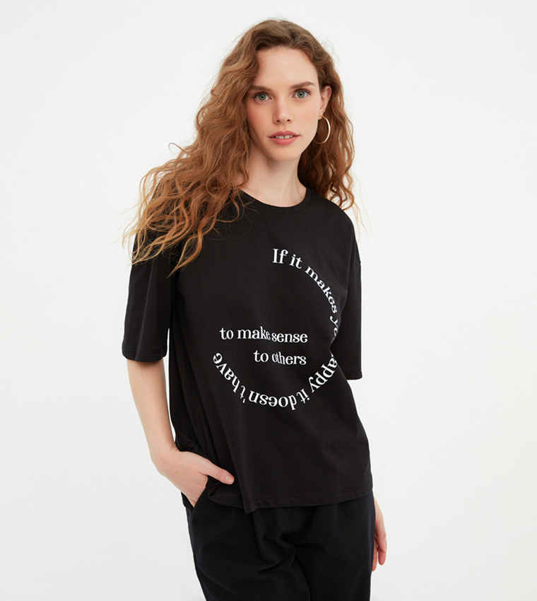 Black Printed Regular Fit T-Shirt