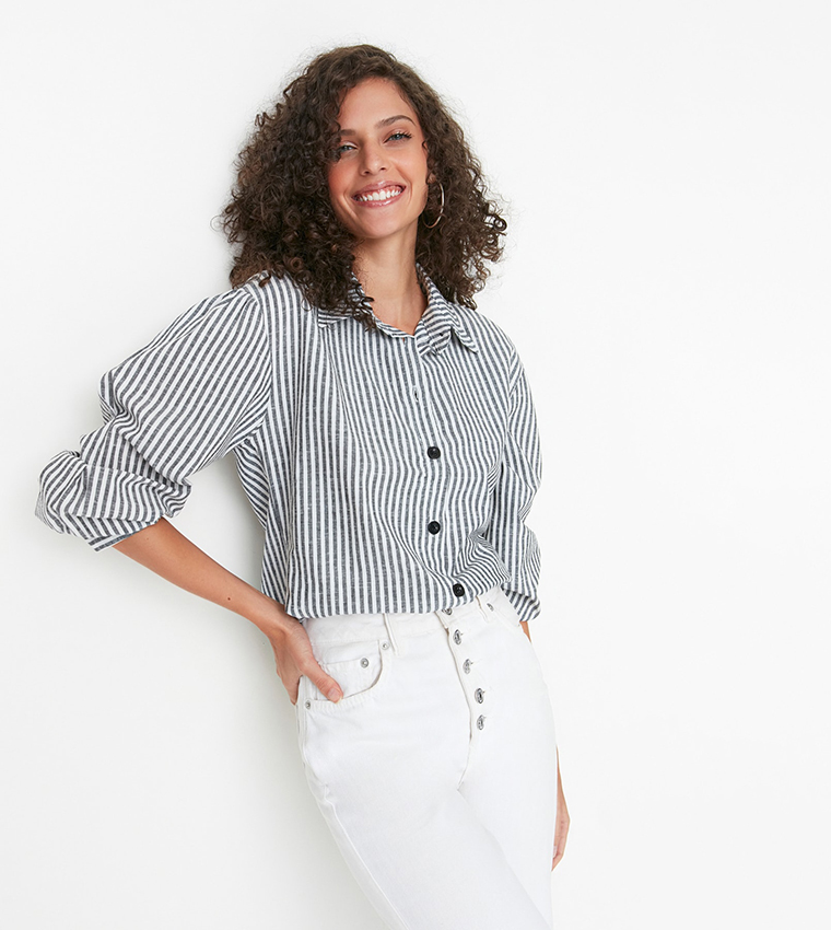 Color Block Button Up Balloon Sleeve Shirt main image 0